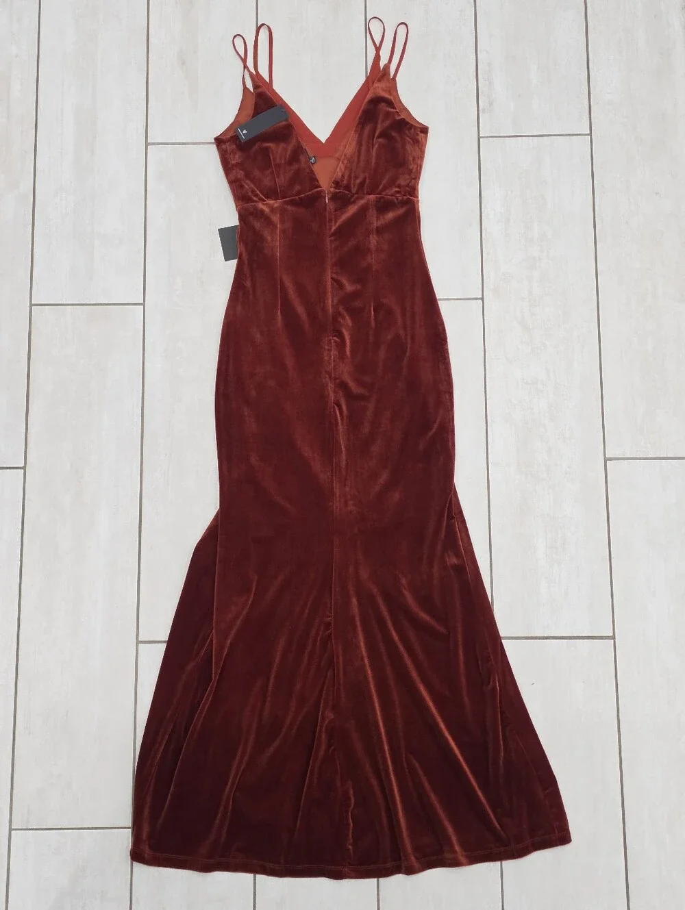 NWT LULUS Immensely Glam Rust Red Velvet Backless Maxi Dress Slit